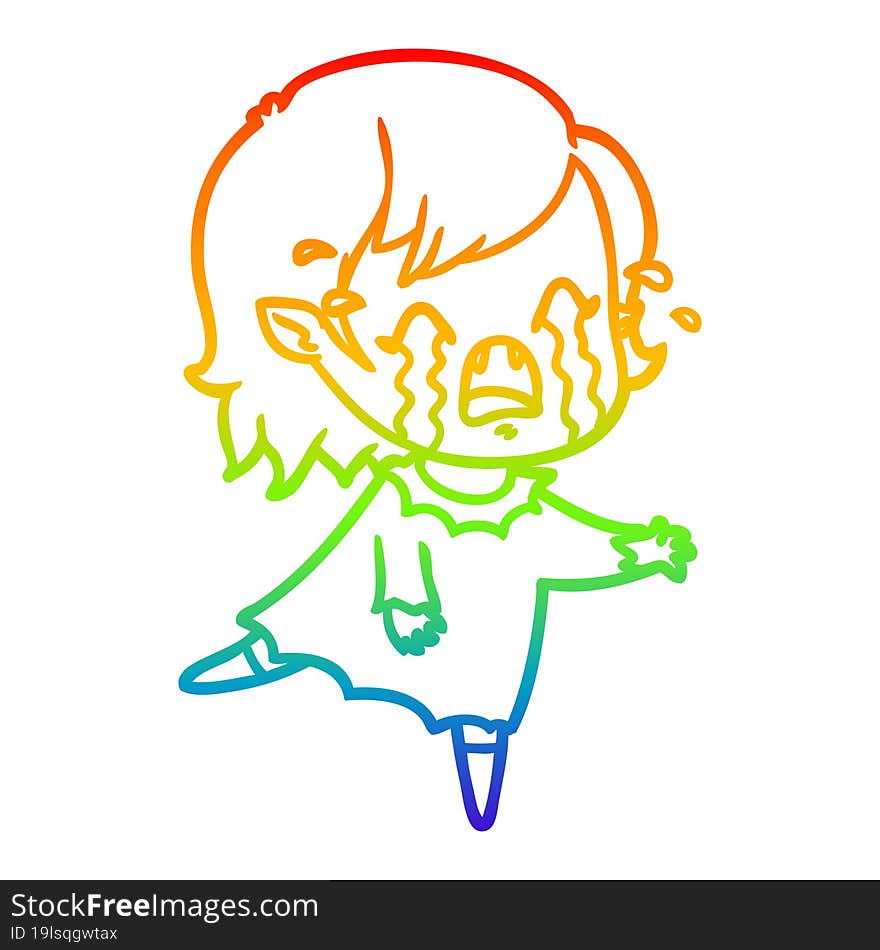 rainbow gradient line drawing cartoon crying vampire girl