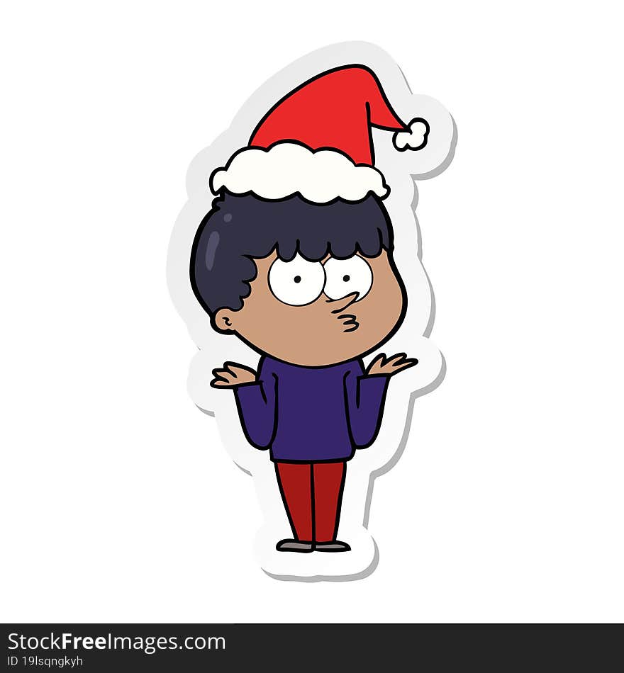 Sticker Cartoon Of A Curious Boy Shrugging Shoulders Wearing Santa Hat