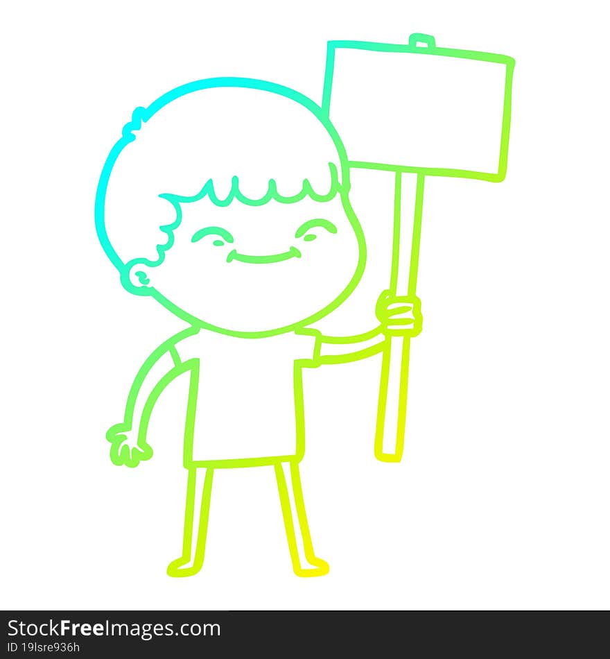 cold gradient line drawing cartoon smiling boy with placard