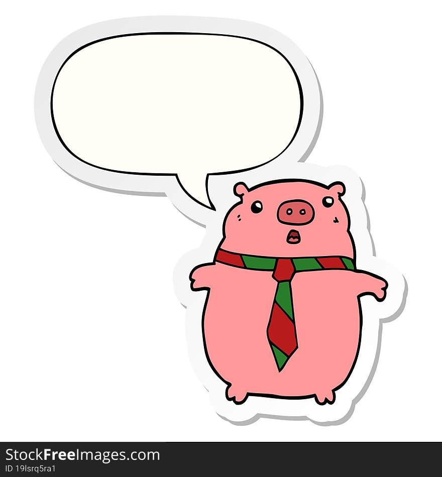 Cartoon Pig Wearing Office Tie And Speech Bubble Sticker