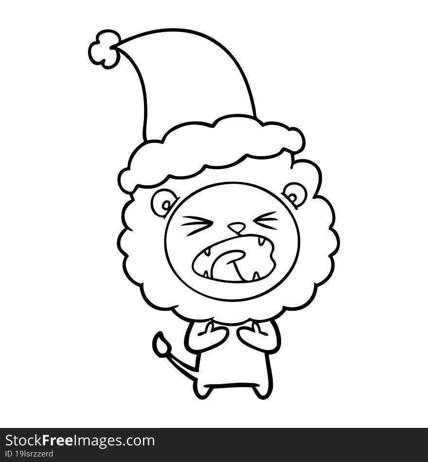 line drawing of a lion wearing santa hat