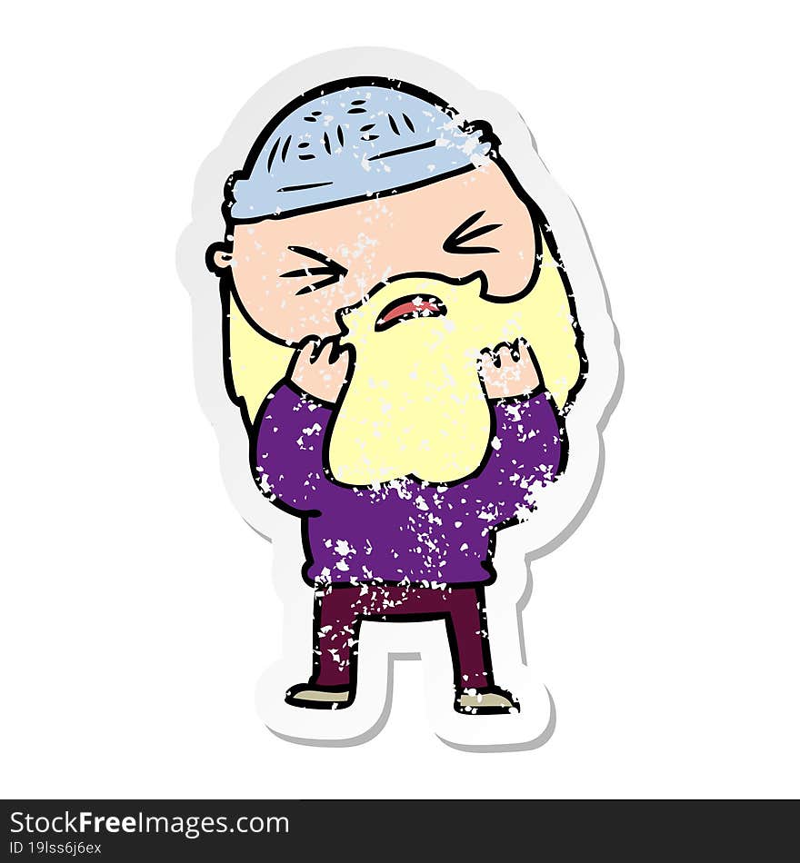 distressed sticker of a cartoon man with beard