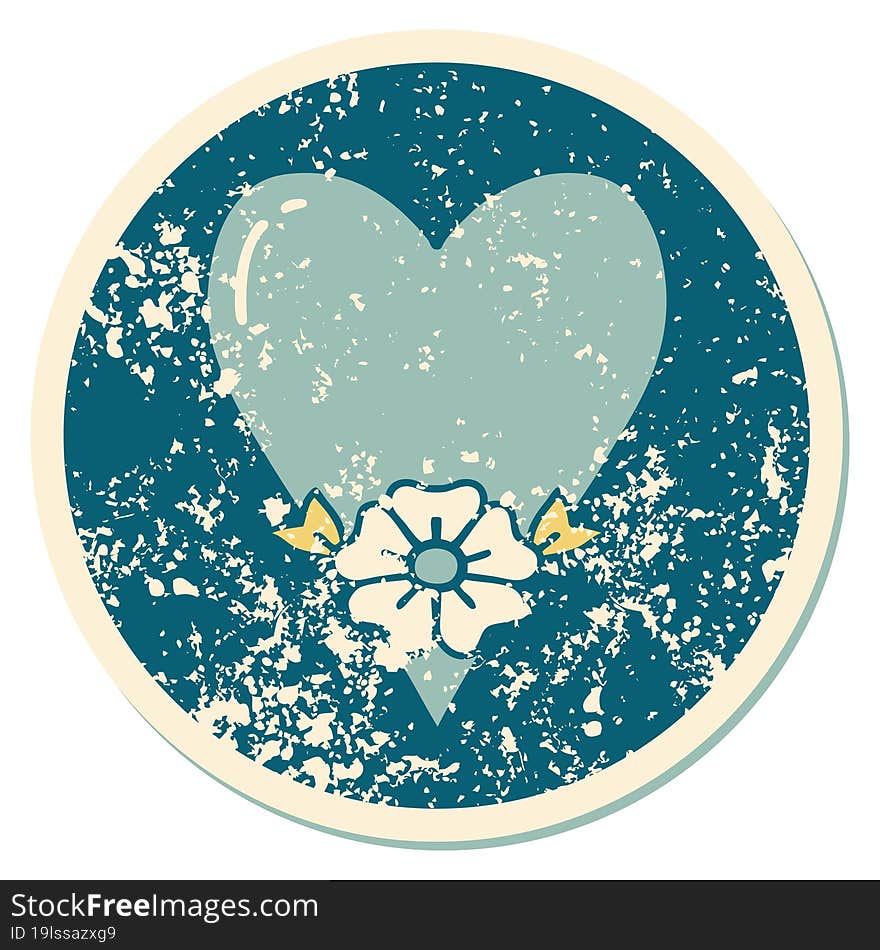 Distressed Sticker Tattoo Style Icon Of A Heart And Flower