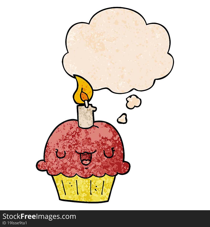 Cartoon Cupcake And Thought Bubble In Grunge Texture Pattern Style