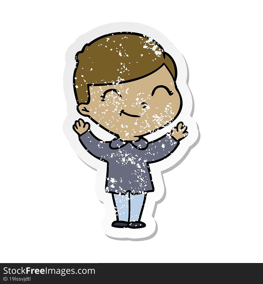 distressed sticker of a cartoon boy smiling