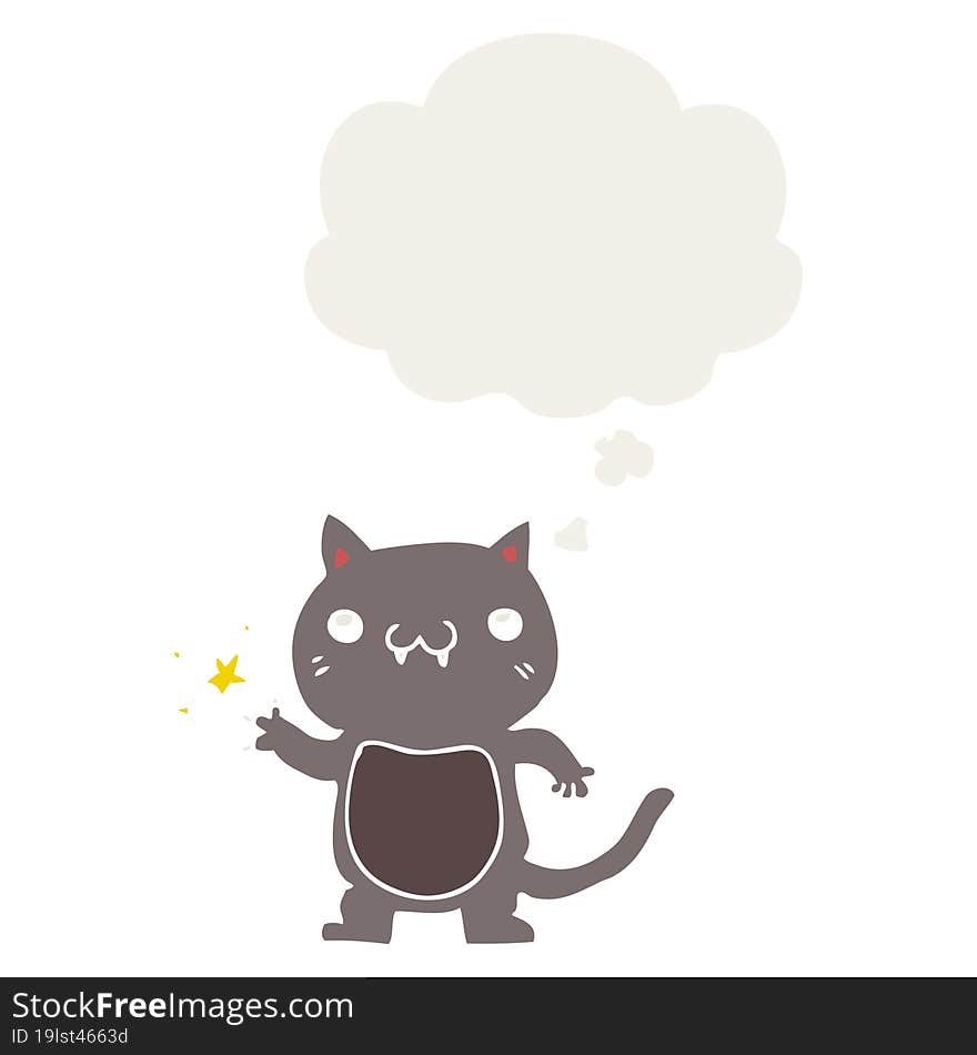 cartoon cat scratching with thought bubble in retro style