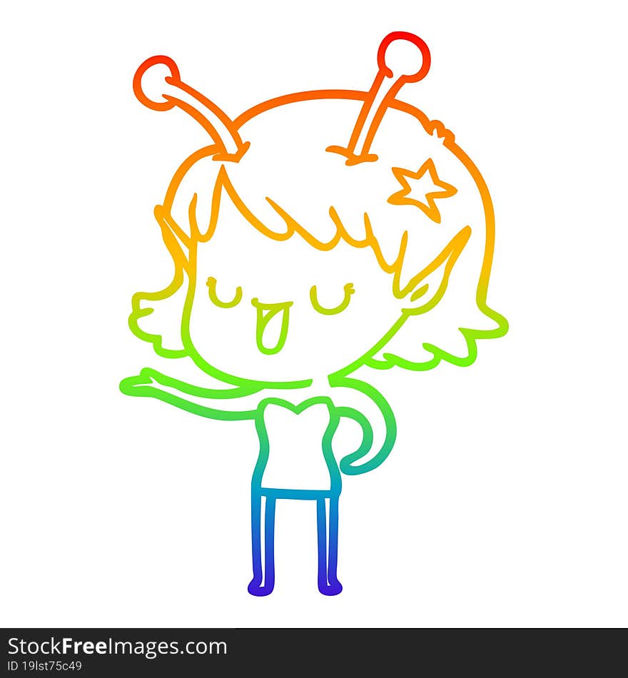 rainbow gradient line drawing of a happy alien girl cartoon laughing