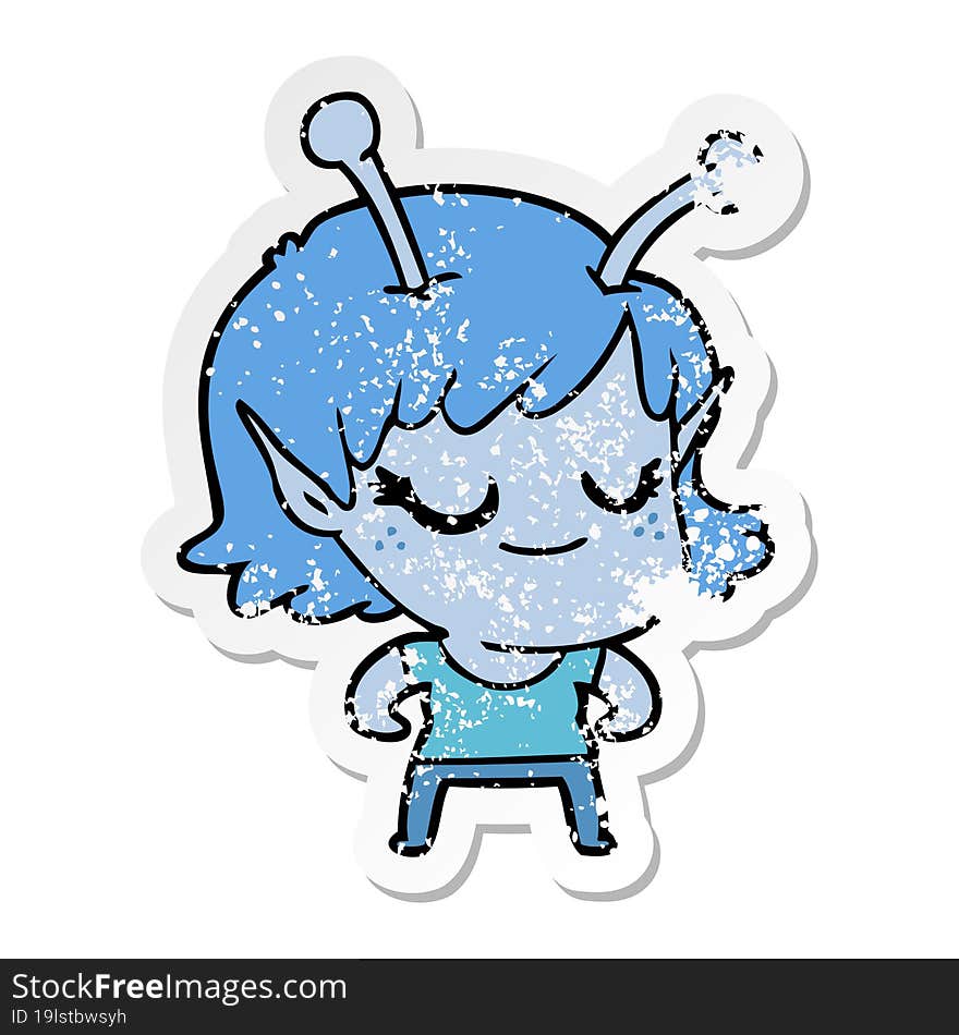 distressed sticker of a smiling alien girl cartoon