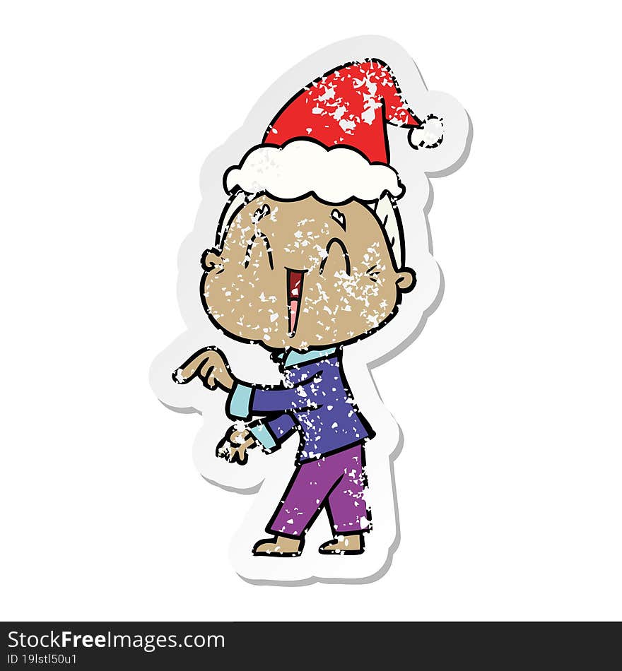 distressed sticker cartoon of a happy old lady wearing santa hat