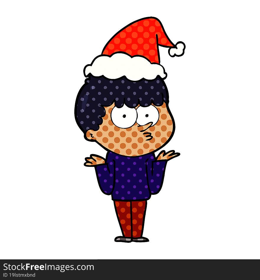 Comic Book Style Illustration Of A Curious Boy Shrugging Shoulders Wearing Santa Hat