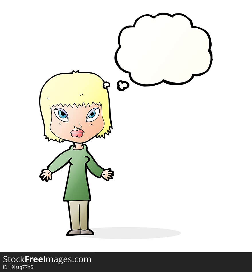 cartoon woman with open arms with thought bubble