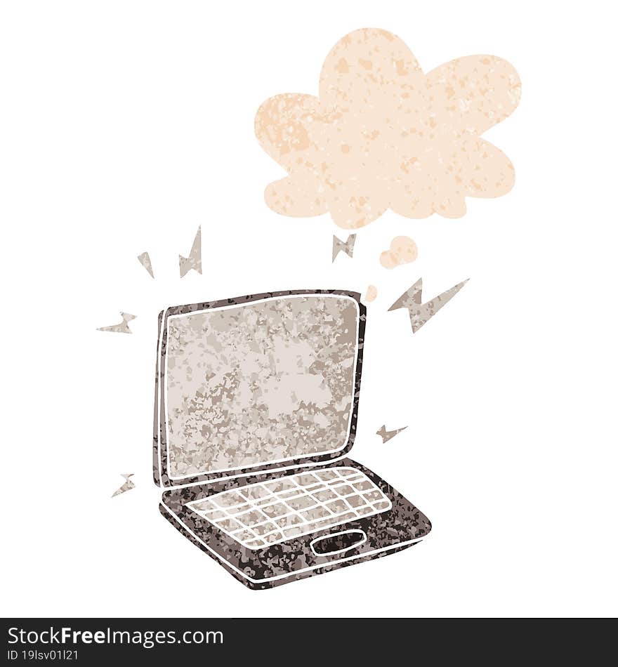 cartoon laptop computer and thought bubble in retro textured style