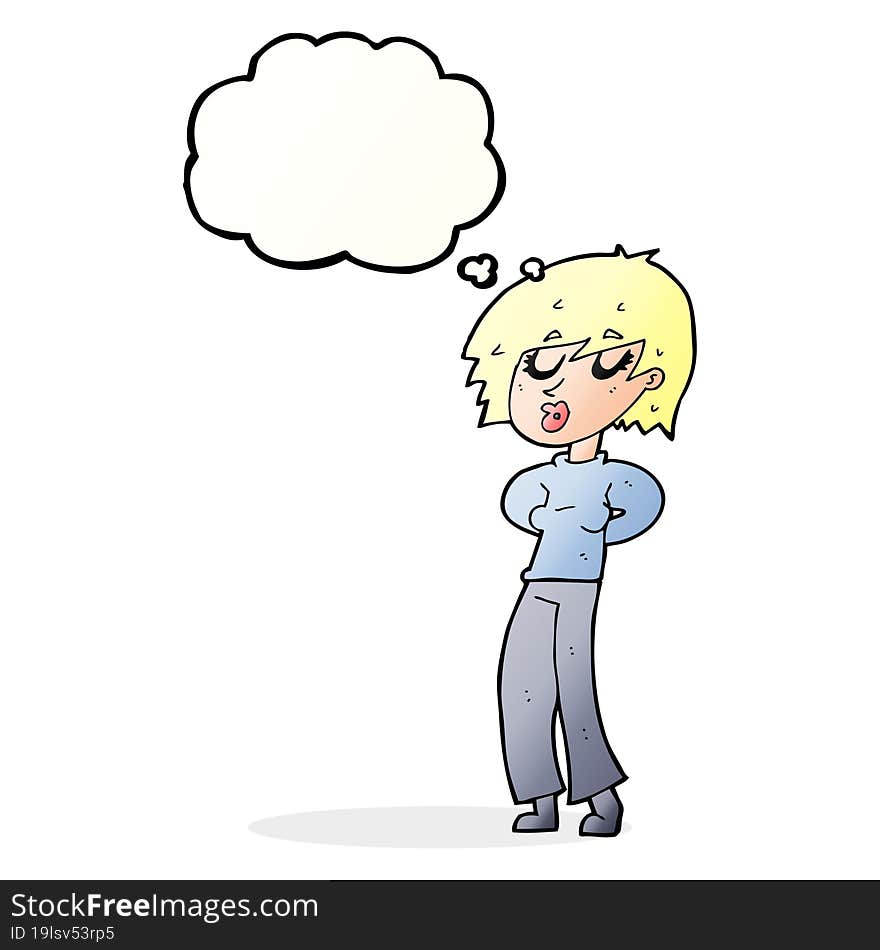 cartoon woman whistling with thought bubble