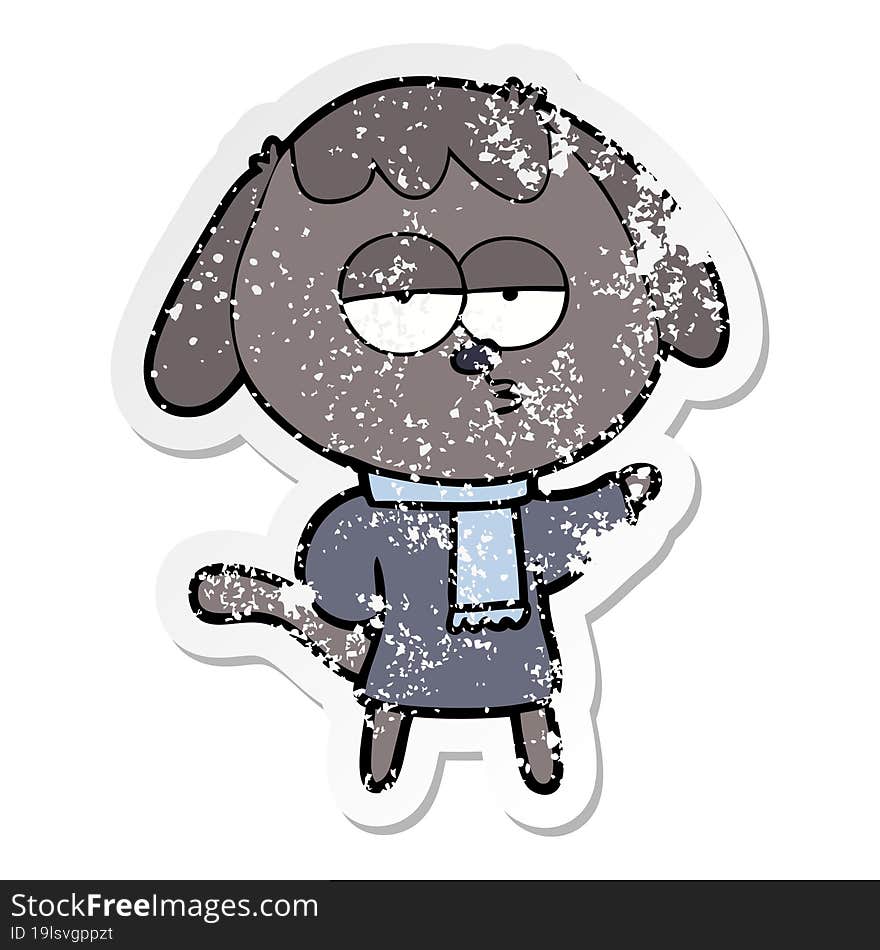 distressed sticker of a cartoon tired dog wearing winter clothes