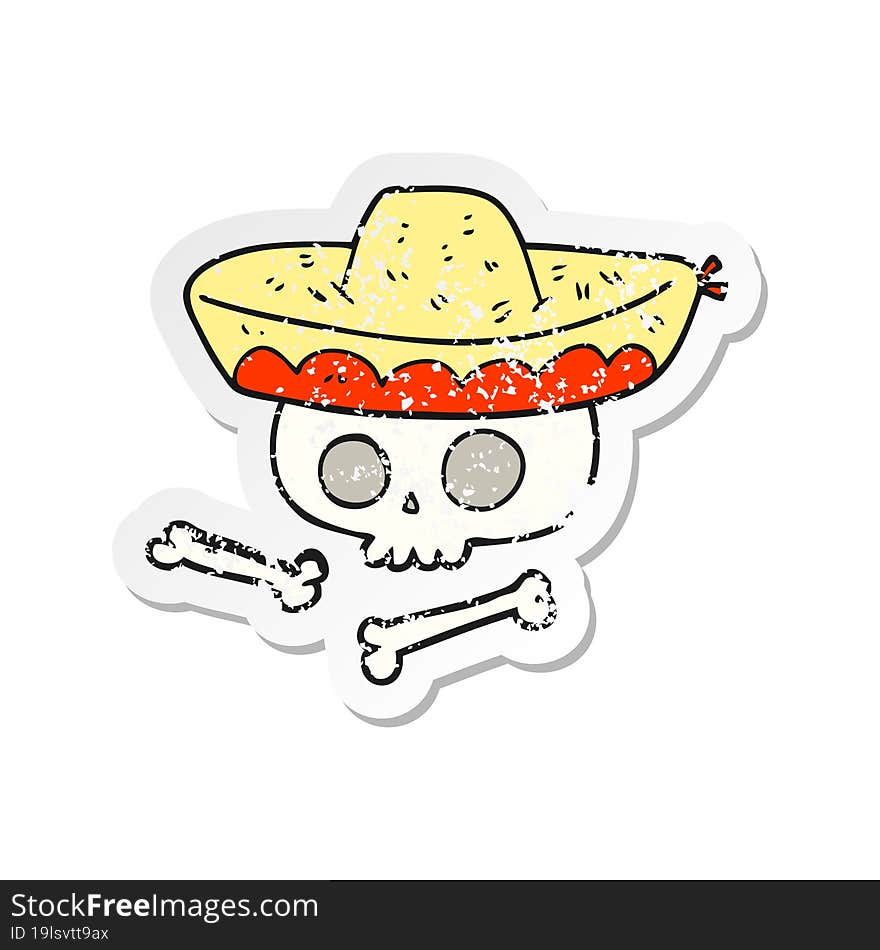 retro distressed sticker of a cartoon skull in mexican hat