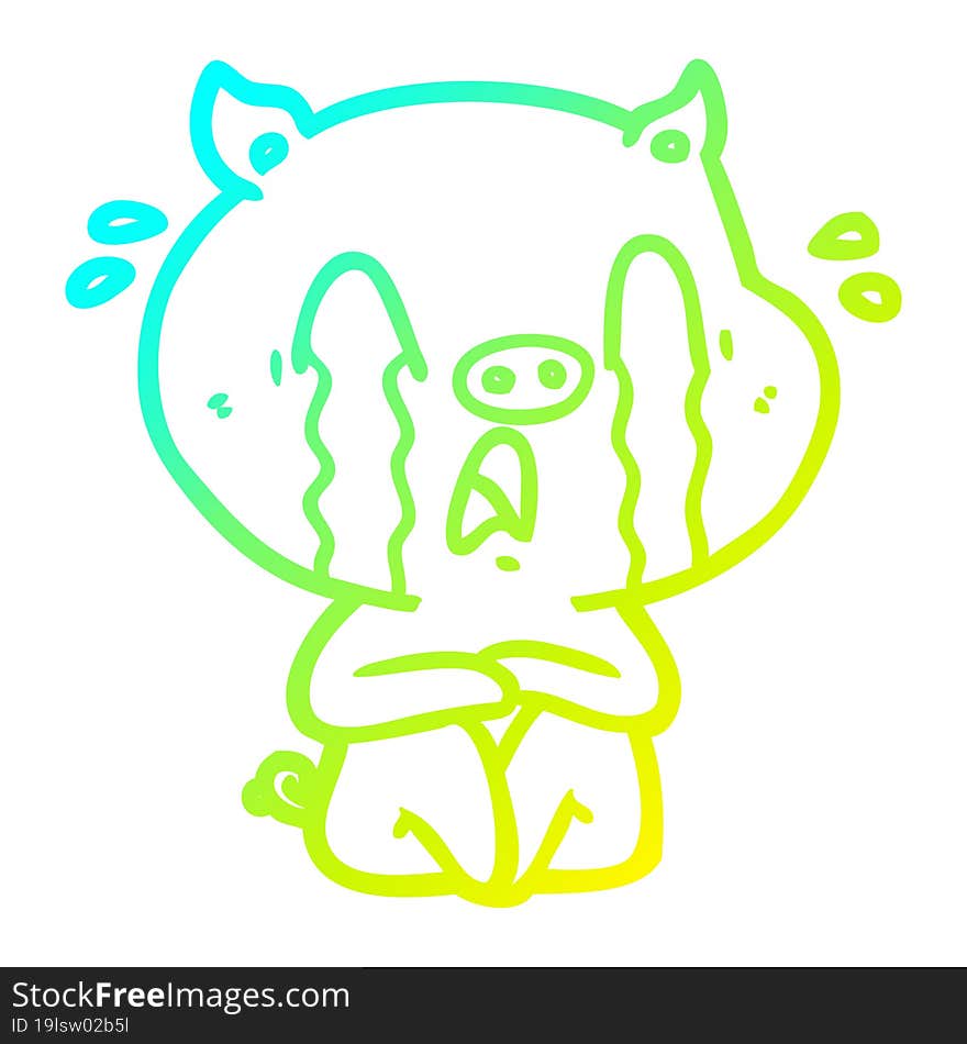 Cold Gradient Line Drawing Crying Pig Cartoon