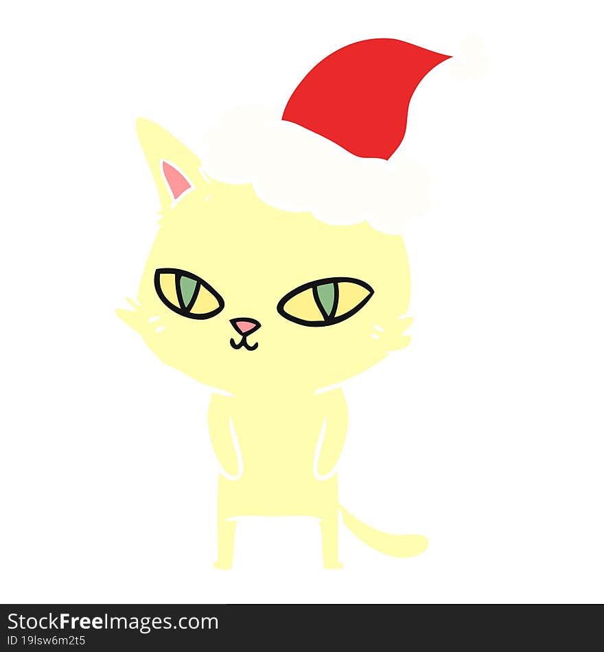 Flat Color Illustration Of A Cat With Bright Eyes Wearing Santa Hat