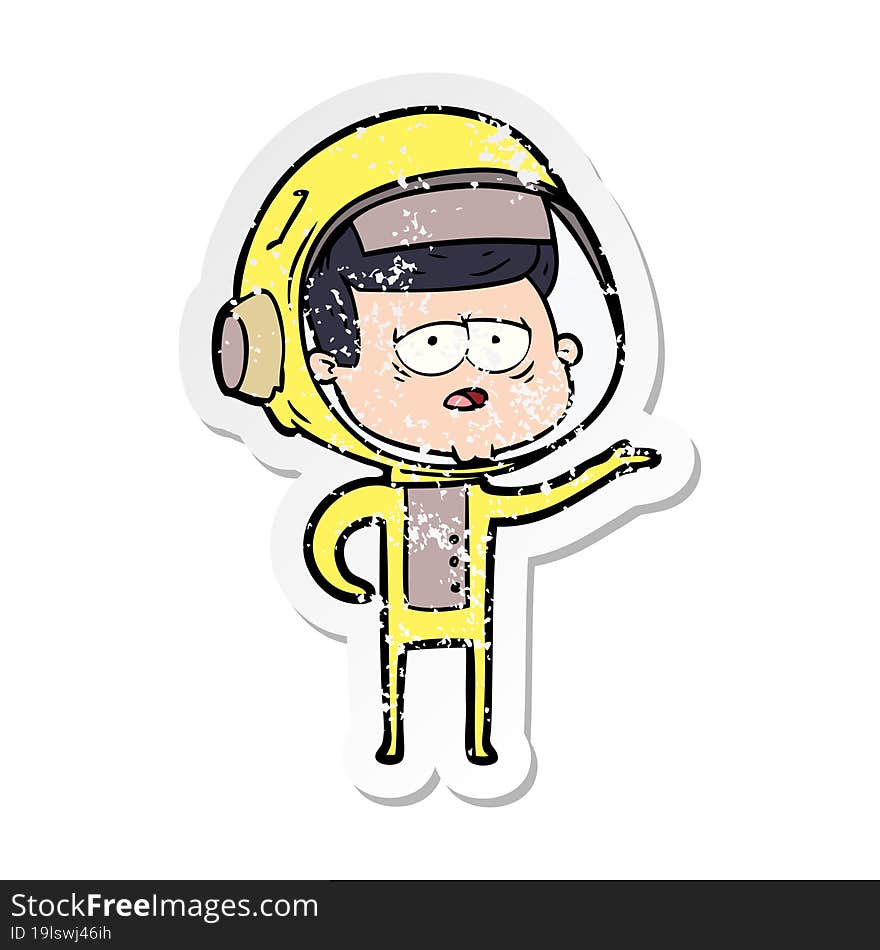 distressed sticker of a cartoon tired astronaut