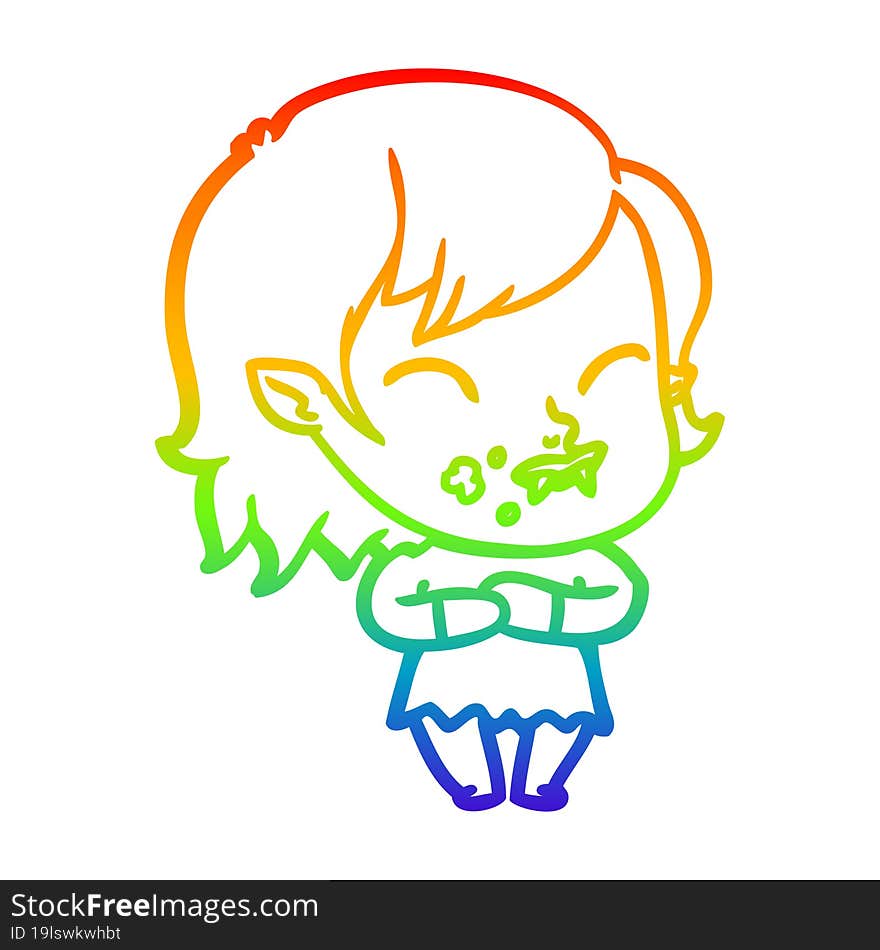 rainbow gradient line drawing cartoon vampire girl with blood on cheek