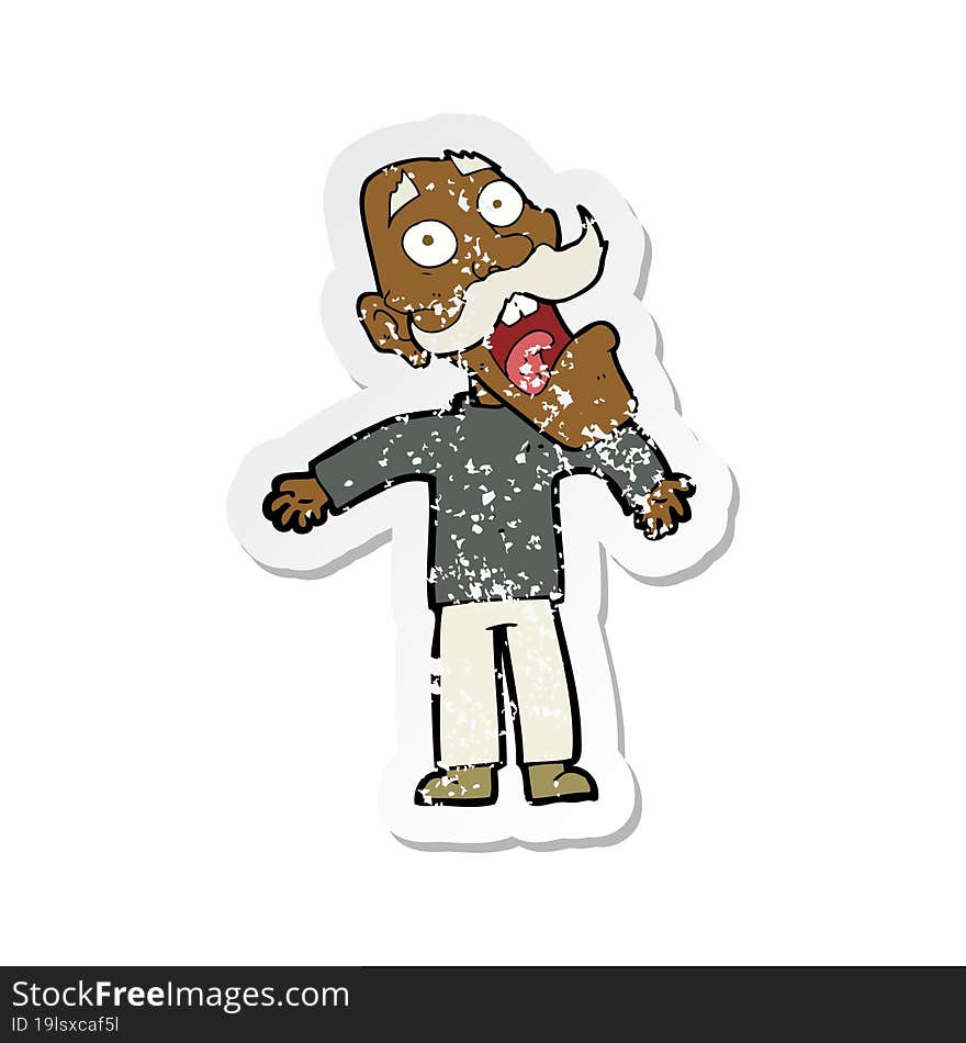 retro distressed sticker of a cartoon terrified old man