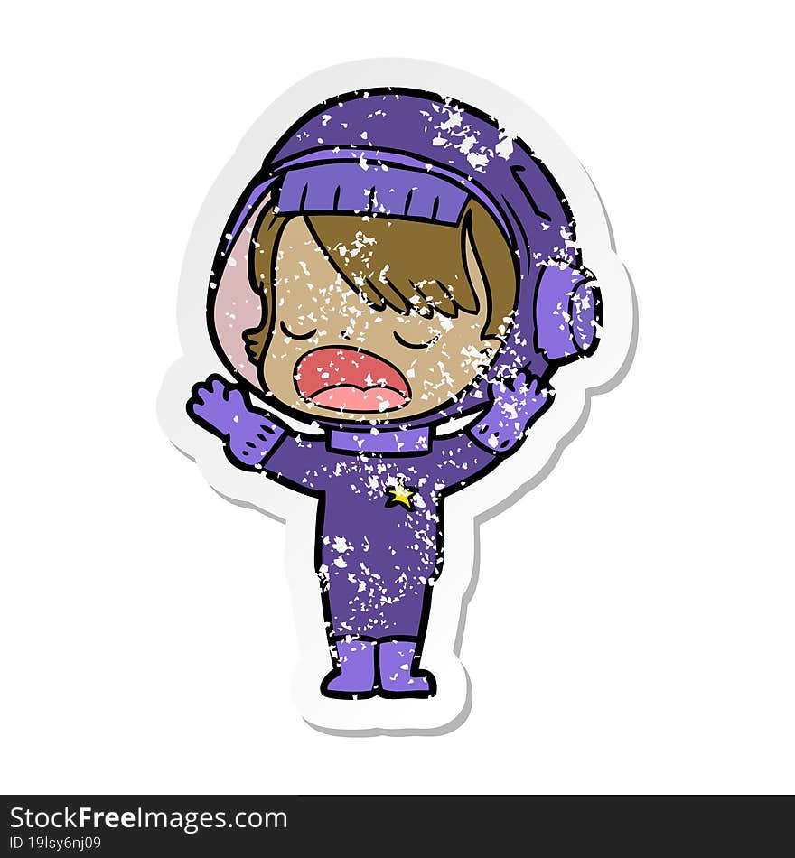 distressed sticker of a cartoon astronaut girl talking