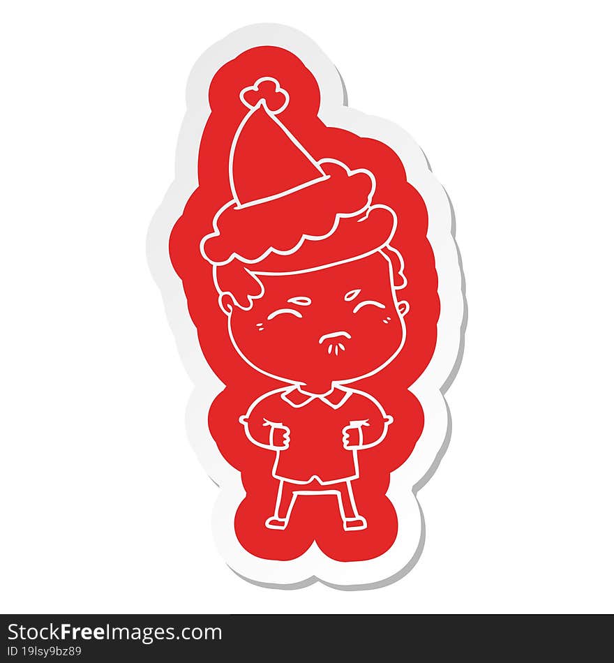 Cartoon  Sticker Of A Annoyed Man Wearing Santa Hat