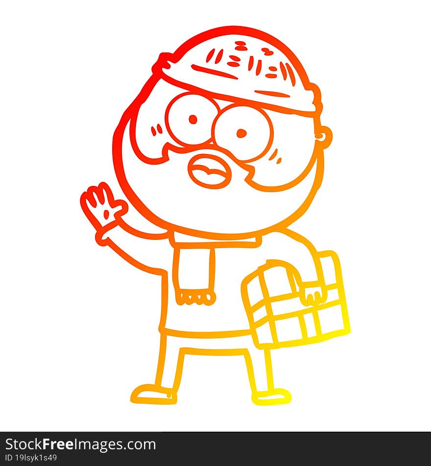 warm gradient line drawing of a cartoon bearded man with present