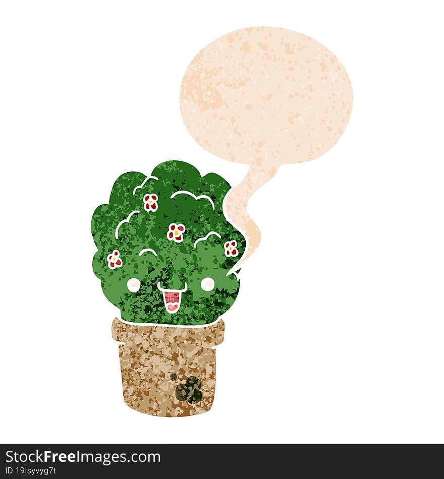 cartoon shrub in pot and speech bubble in retro textured style