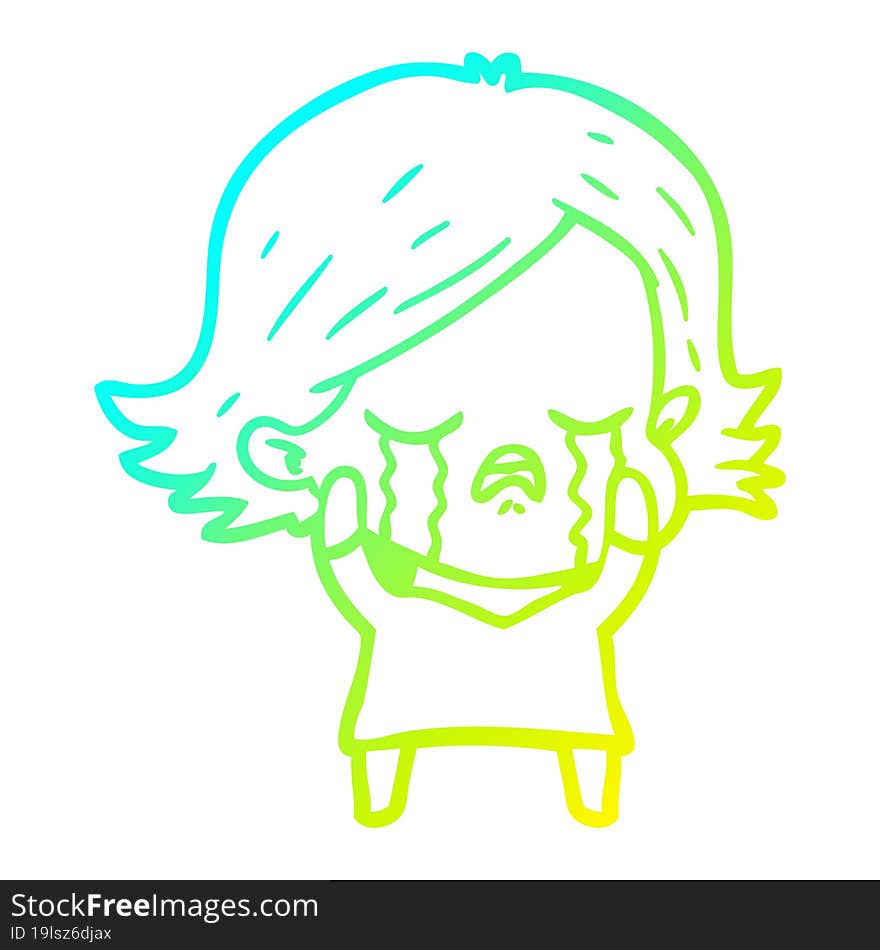 cold gradient line drawing of a cartoon girl crying