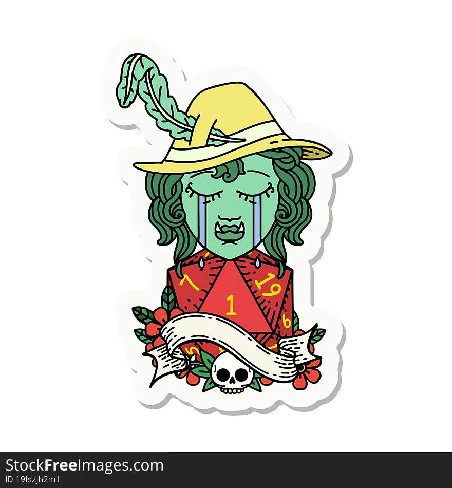 crying orc bard character with natural one D20 roll sticker