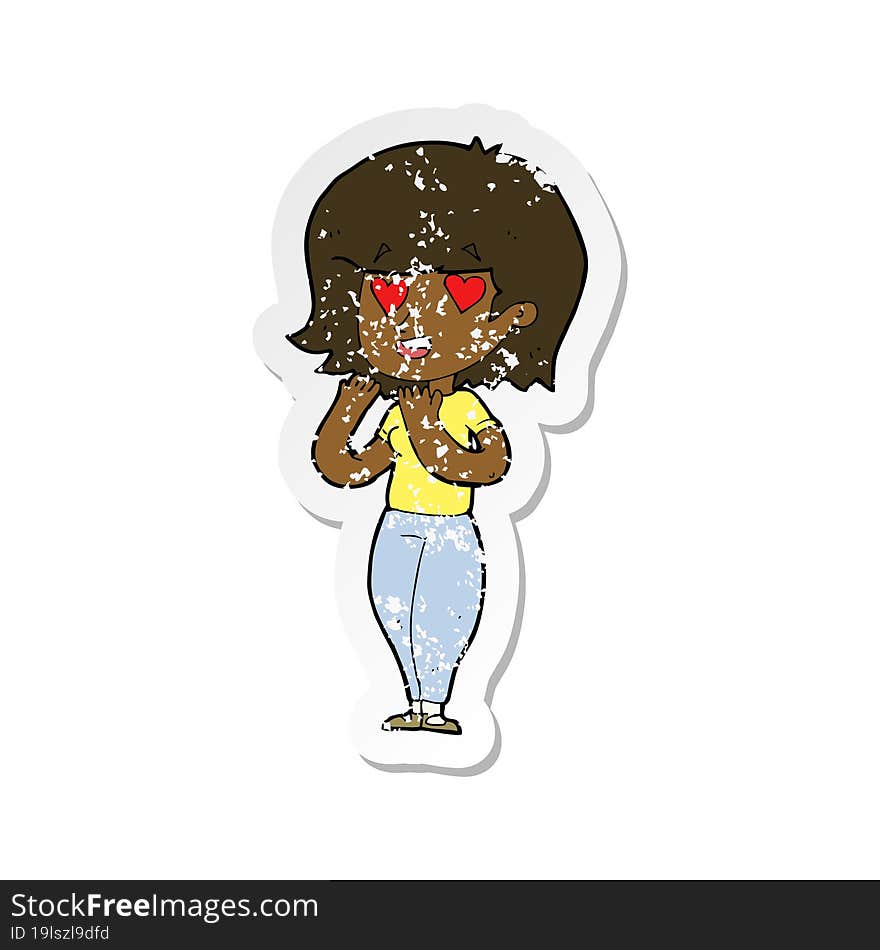 retro distressed sticker of a cartoon woman in love