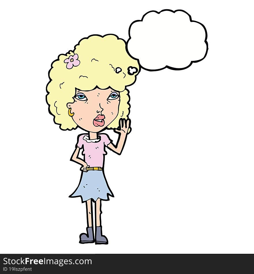 cartoon woman waving with thought bubble