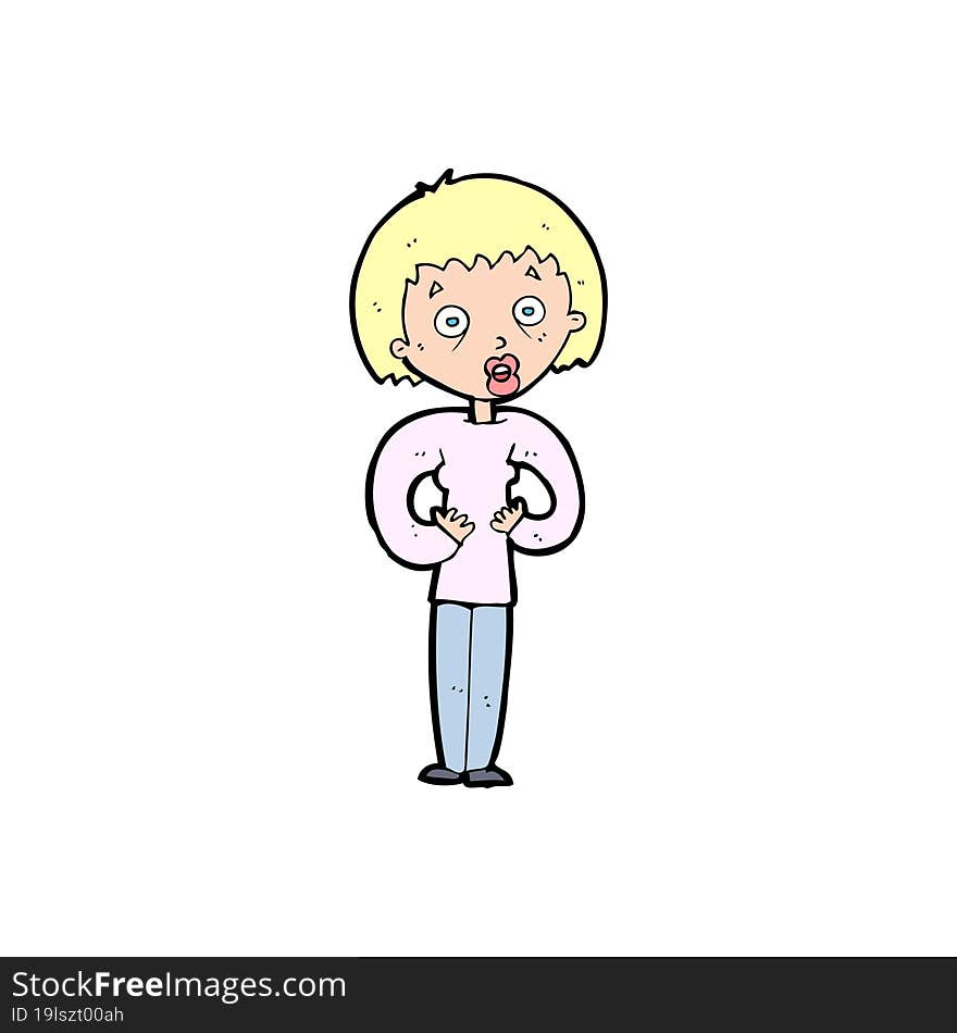 cartoon woman gesturing at self