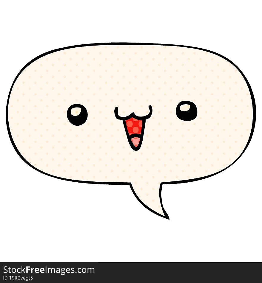 cute happy face cartoon and speech bubble in comic book style