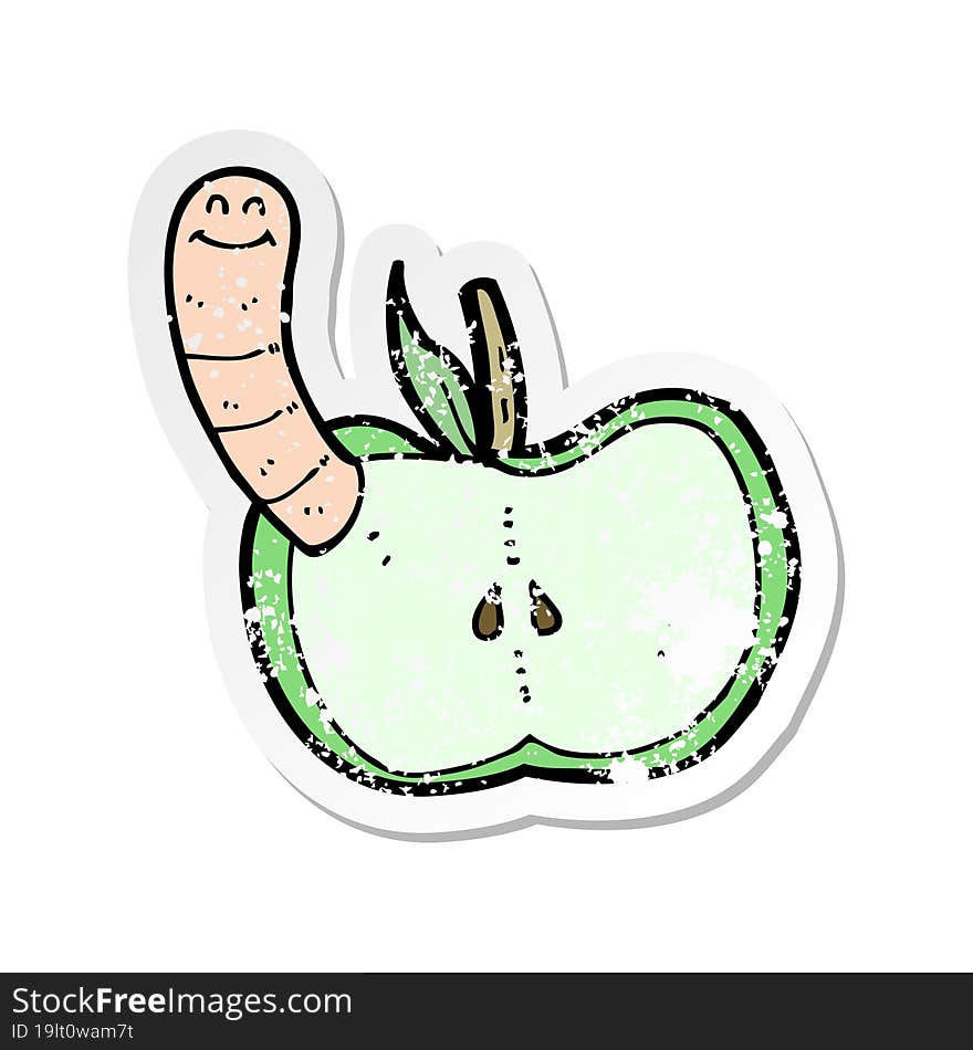 retro distressed sticker of a cartoon apple with worm