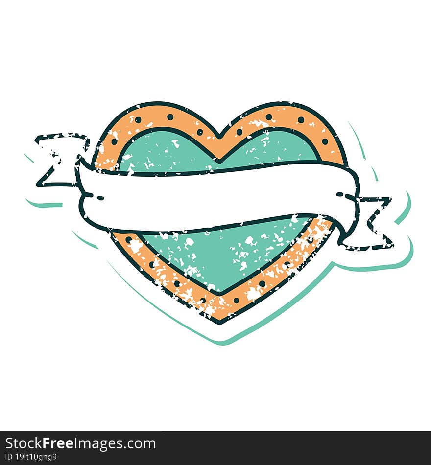 Distressed Sticker Tattoo Style Icon Of A Heart And Banner