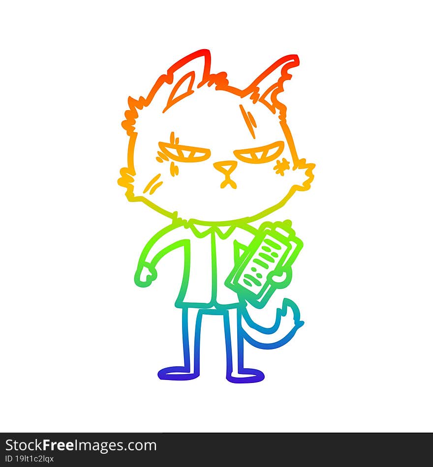 rainbow gradient line drawing tough cartoon cat with clipboard