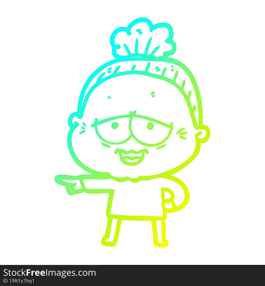 cold gradient line drawing of a cartoon happy old lady