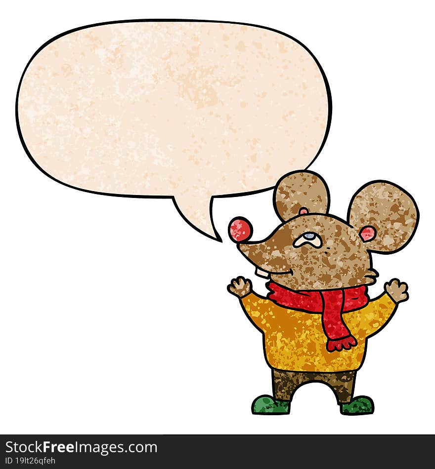 Cartoon Mouse Wearing Scarf And Speech Bubble In Retro Texture Style