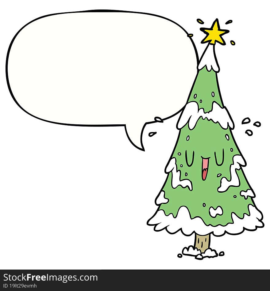 cartoon snowy christmas tree with happy face with speech bubble. cartoon snowy christmas tree with happy face with speech bubble