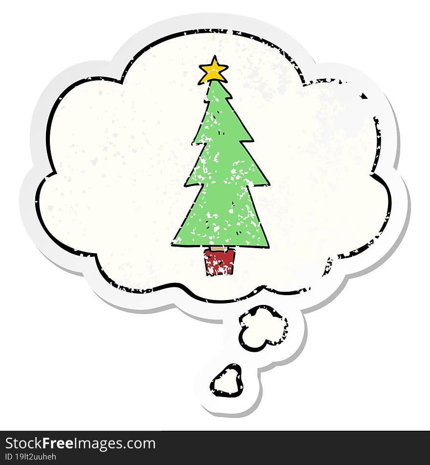 cartoon christmas tree with thought bubble as a distressed worn sticker