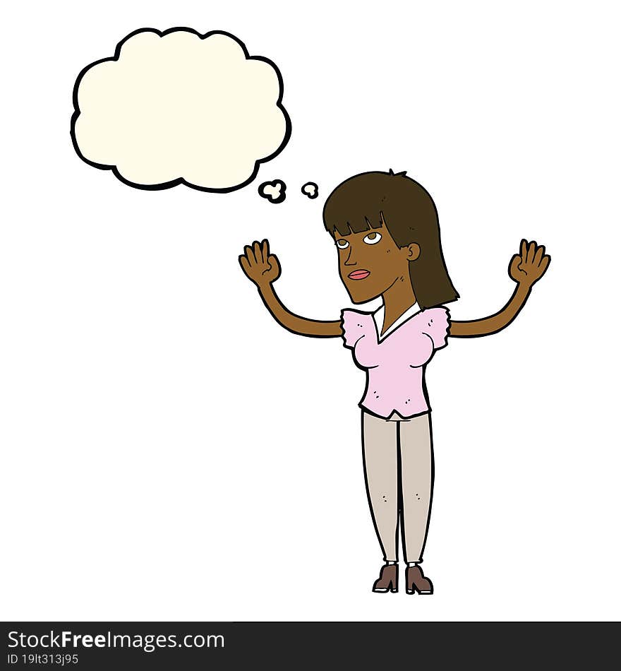 cartoon woman throwing hands in air with thought bubble