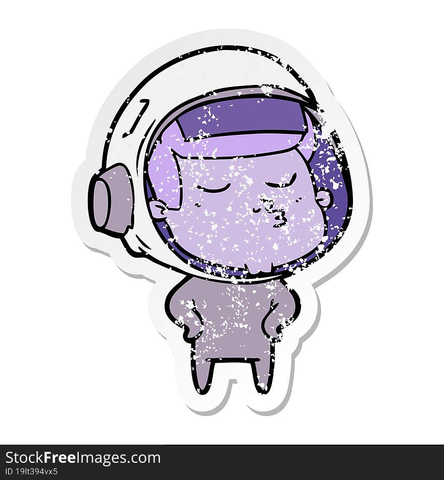 Distressed Sticker Of A Cartoon Confident Astronaut