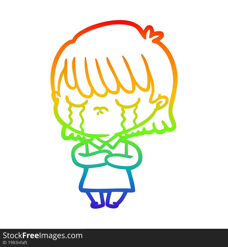 rainbow gradient line drawing of a cartoon woman crying