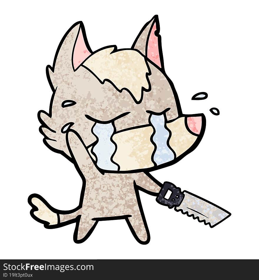 cartoon crying wolf with saw. cartoon crying wolf with saw