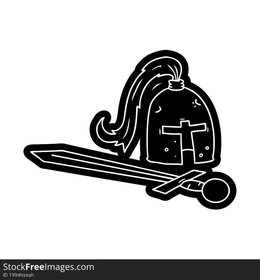 Cartoon Icon Drawing Of A Medieval Helmet And Sword