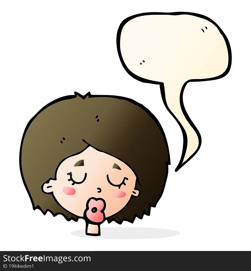 cartoon woman with eyes closed with speech bubble