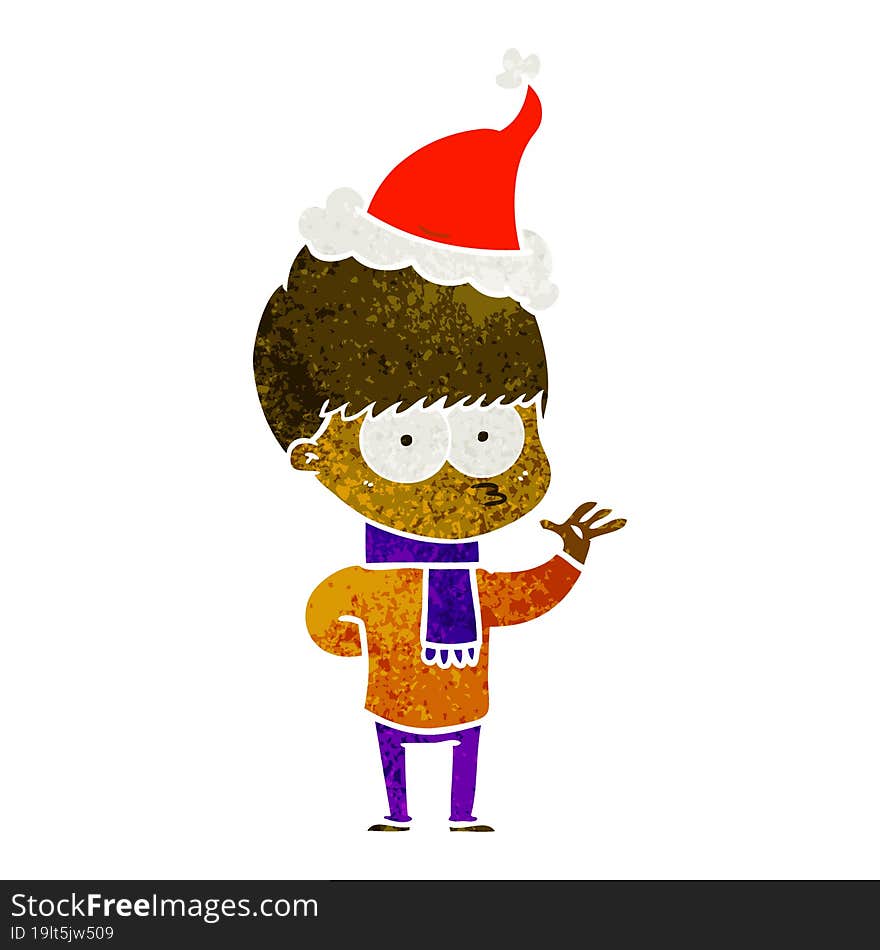 nervous retro cartoon of a boy wearing santa hat