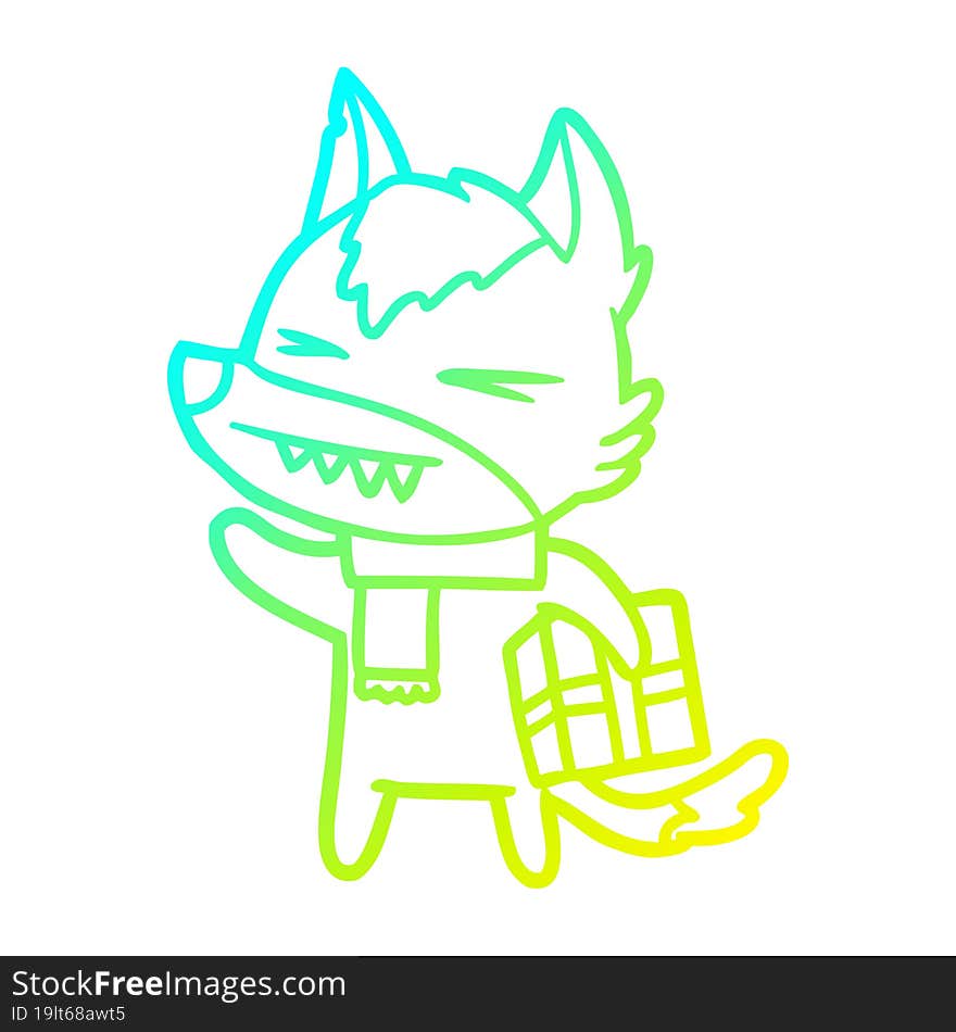 cold gradient line drawing of a angry christmas wolf cartoon