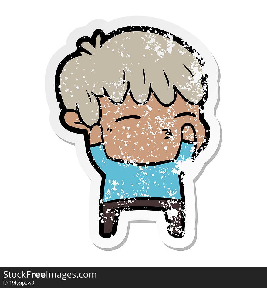 distressed sticker of a cartoon curious boy